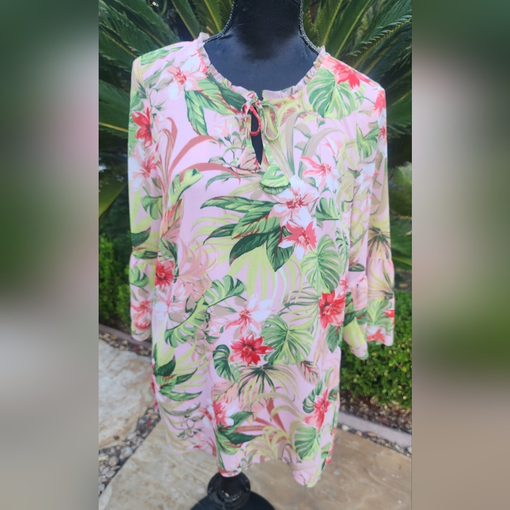 Women's Tropical Floral Pink & Green Tunic/Dress/Cover-Up Top By J.Jill